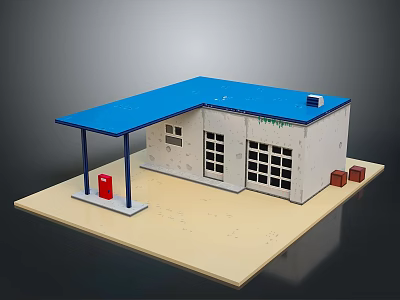 Small Building Model With Blue Roof White Walls Windows And Red Elements On Platform Base 3d model