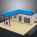 Small Building Model With Blue Roof White Walls Windows And Red Elements On Platform Base