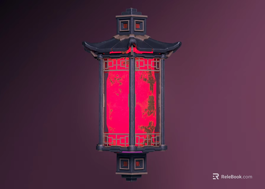 Traditional Chinese Lantern With Pagoda Style Roof Red Luminous Panel And Black Frame Design 3d model 