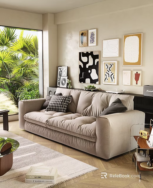Modern Living Room Beige Double Sofa with Decorative Pillows Wall Art and Green Plants 3d model 