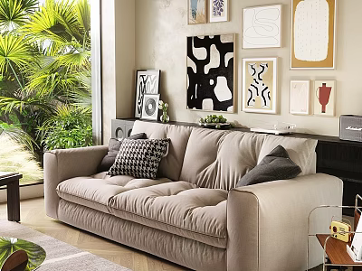 Modern Living Room Beige Double Sofa with Decorative Pillows Wall Art and Green Plants 3d model