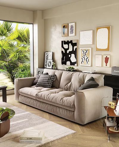 Modern Living Room Beige Double Sofa with Decorative Pillows Wall Art and Green Plants 3d model