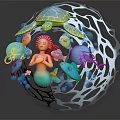 Enchanting Mermaid Character In Hollow Sphere With Turtle Fish Bubbles And Octopus