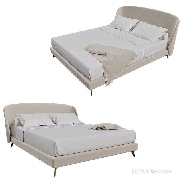 Modern Upholstered Double Bed With White Sheets Pillows And Throw Blanket 3d model
