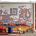 Colorful Building Blocks Wall in Children's Playroom with Chairs Table Toys and Rabbit Doll