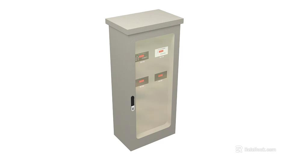 Gray Industrial Electrical Control Cabinet With Glass Door Built-in Control Panels And Safety Labels 3d model 