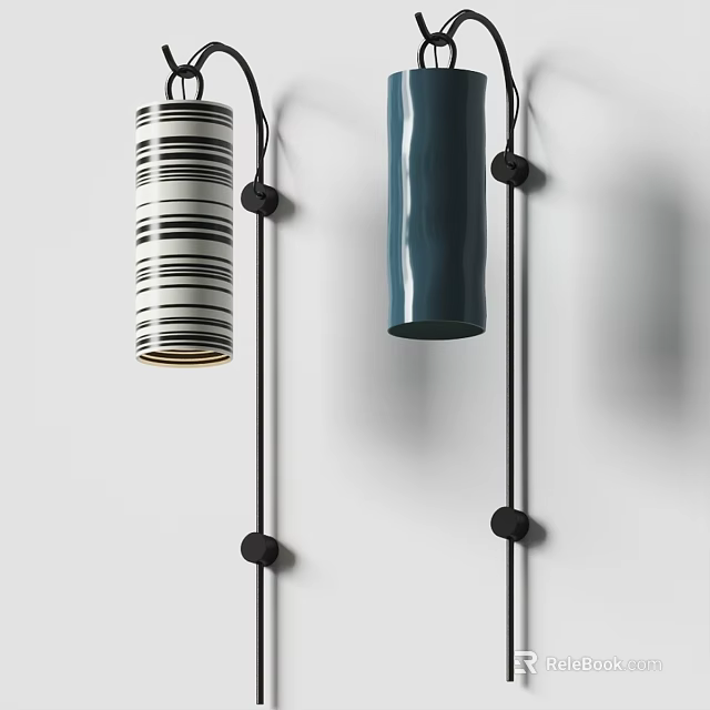 Modern Wall Lamps With Black White Stripes And Blue Cylinder On White Wall Black Brackets 3d model 