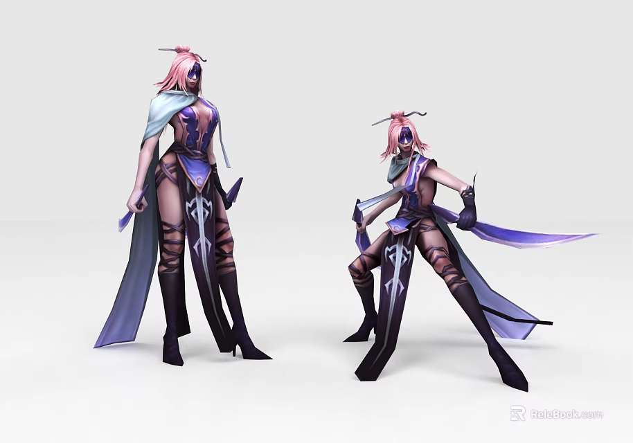 Game Movie Character With Pink Hair Purple Black Outfit Dynamic Poses And Cloak 3d model 