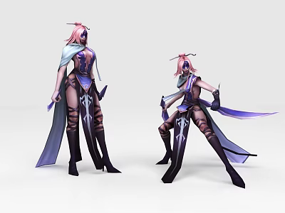 Game Movie Character With Pink Hair Purple Black Outfit Dynamic Poses And Cloak 3d model
