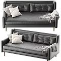 Gray Leather Sofa with Tufted Backrest Patterned Pillows Throw Blanket and Wooden Legs