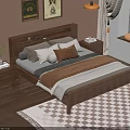 Wooden Double Bed with Headboard Pillows Nightstands Decorative Paintings and Geometric Rug in Cozy Bedroom