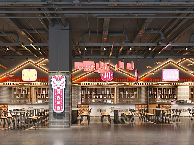 Traditional Restaurant Interior With Red Decor Wooden Structure Signboards And Dining Tables 3d model