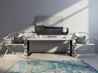 Modern Entryway Console Table And Side Cabinet With White Chairs Vase Plant And Blue Rug 3d model