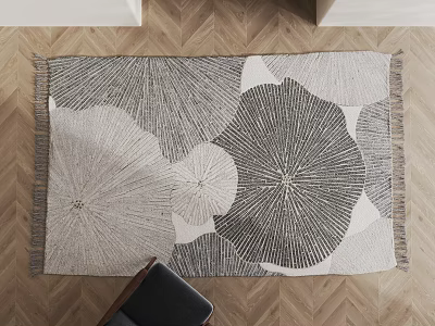 Gray White Square Rug With Radial Design Fringed Edges On Herringbone Wooden Floor 3d model