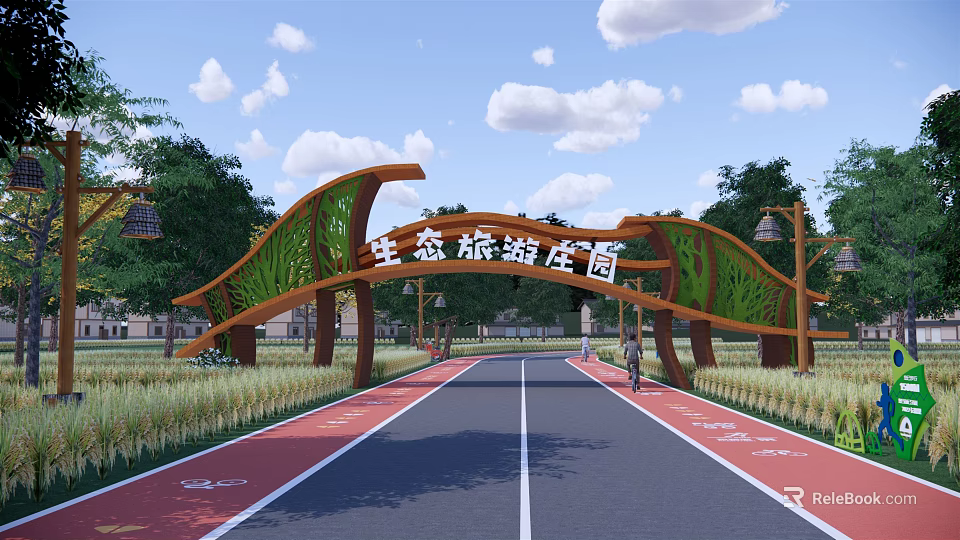 Ecological Tourism Manor Memorial Archway With Green Plants And Scenic Road 3d model 