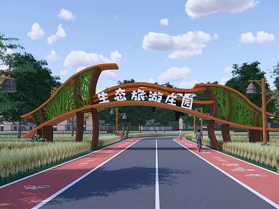 Ecological Tourism Manor Memorial Archway With Green Plants And Scenic Road 3d model