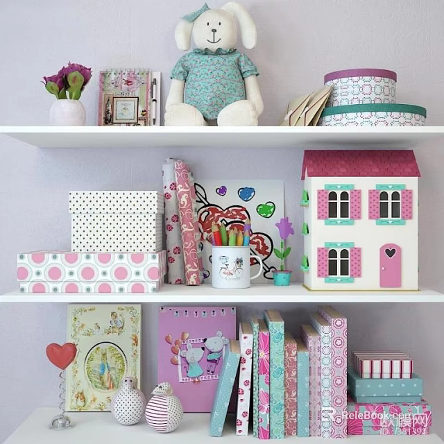 Decorative Ornament Combination Featuring Stuffed Toy Photo Frames Small House And Patterned Boxes 3d model