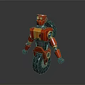 Red Mechanical Robot Character 3D Model With Single Wheel And Orange Accents