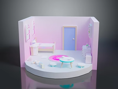 Pink Room Model Interior Scene With Bed Table Chair And Blue Door 3d model