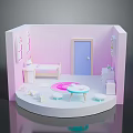 Pink Room Model Interior Scene With Bed Table Chair And Blue Door