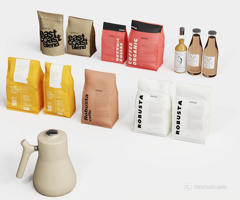 Coffee Bags With Various Colored Packaging Bottles And Coffee Pot 3d model 