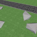 Illuminated Triangular Garden Ornaments In Green Grass With Gravel Path Landscape