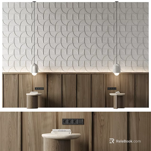 Modern Bedroom Bed Accent Wall With Geometric Tiles Wood Panels And Pendant Lights 3d model 