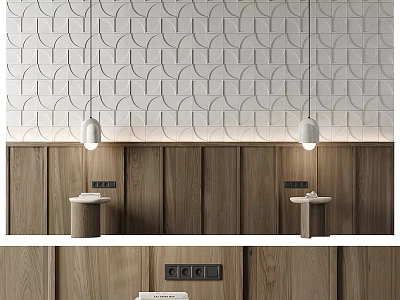 Modern Bedroom Bed Accent Wall With Geometric Tiles Wood Panels And Pendant Lights 3d model