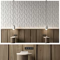 Modern Bedroom Bed Accent Wall With Geometric Tiles Wood Panels And Pendant Lights