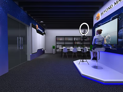 BEYOND MAX Exhibition Booth With Large Screen Ring Light And Modern Seating Area 3d model