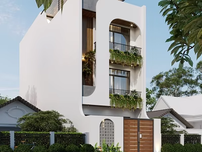 Modern White Detached Villa Exterior With Balconies Greenery And Wooden Door 3d model