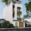 Modern White Detached Villa Exterior With Balconies Greenery And Wooden Door