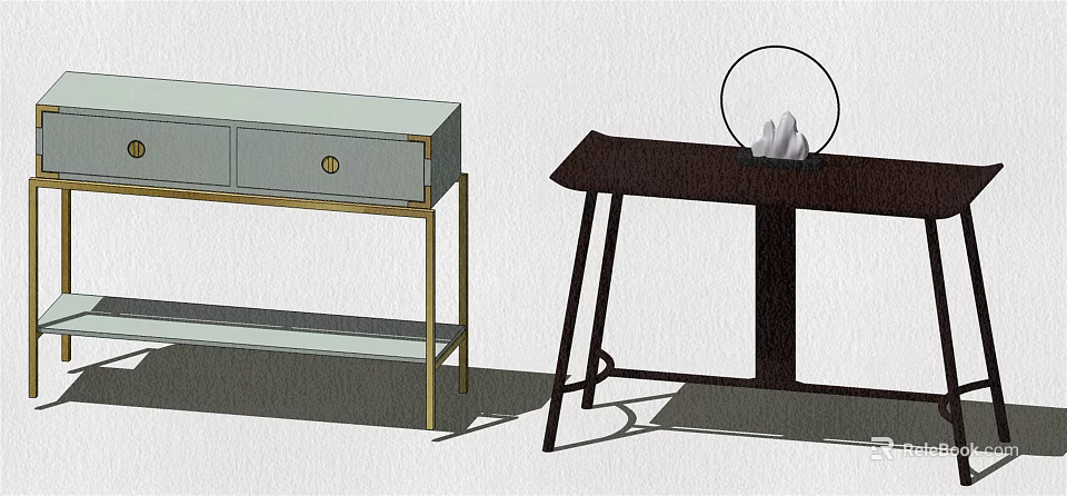Stylish Console Tables With Light Gray Cabinet Golden Legs And Dark Brown Design With Decorative Ring 3d model 