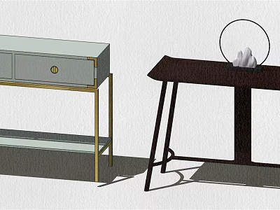 Stylish Console Tables With Light Gray Cabinet Golden Legs And Dark Brown Design With Decorative Ring 3d model