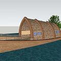 Wooden Boathouse With Arched Thatched Roof Windows Platform Connecting To Land Near Water Grass