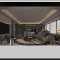 Modern Open Concept Living And Dining Room Interior With Marble Counter Sofa And City View