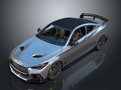 Silver Sports Car With Black Roof Yellow Accents Aerodynamic Kit And Large Wheels 3d model