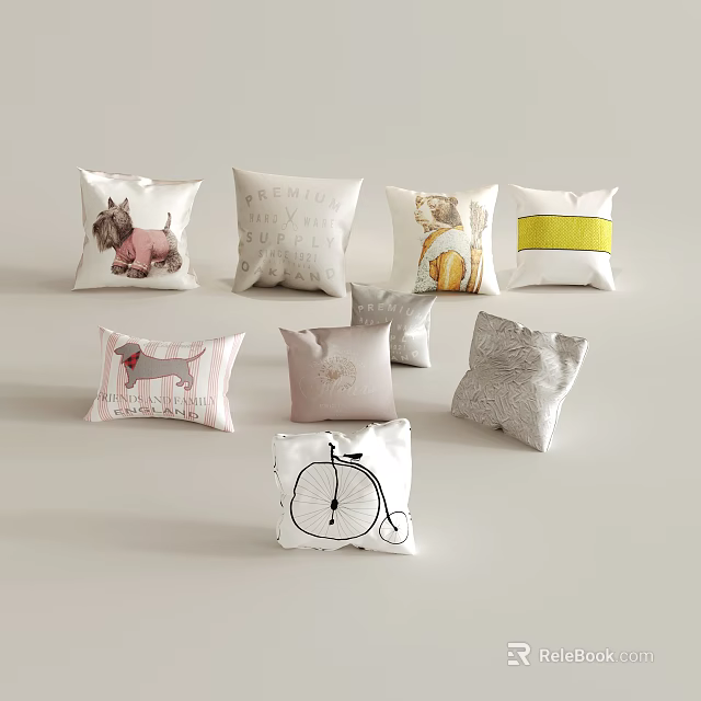 Various Decorative Throw Pillows Featuring Dog Cat Bicycle Prints And Striped Patterns 3d model 