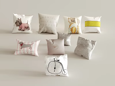 Various Decorative Throw Pillows Featuring Dog Cat Bicycle Prints And Striped Patterns 3d model