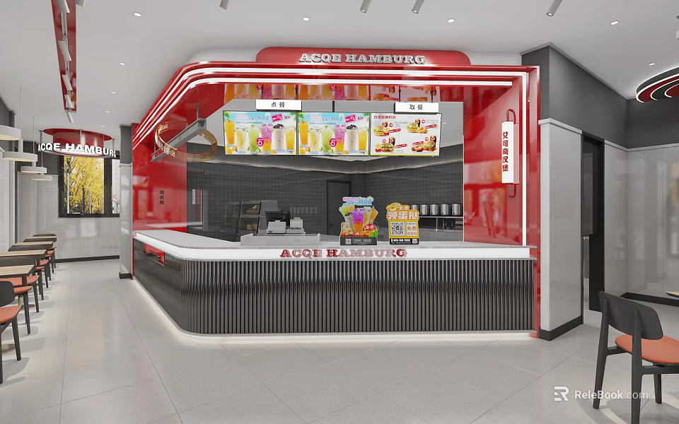 Modern Red Themed Restaurant Interior With Counter And Food Displays 3d model 