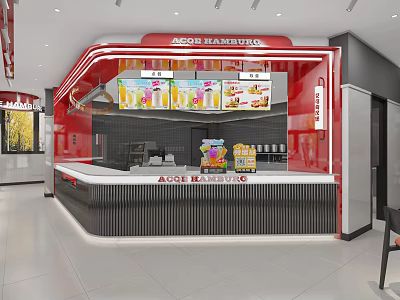 Modern Red Themed Restaurant Interior With Counter And Food Displays 3d model