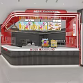Modern Red Themed Restaurant Interior With Counter And Food Displays