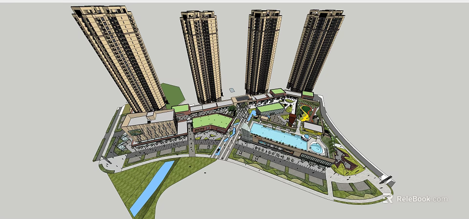 Modern High Rise Building Complex With Green Plaza Walkways And Water Features 3d model 