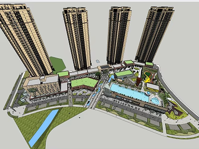 Modern High Rise Building Complex With Green Plaza Walkways And Water Features 3d model