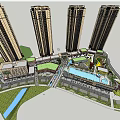 Modern High Rise Building Complex With Green Plaza Walkways And Water Features