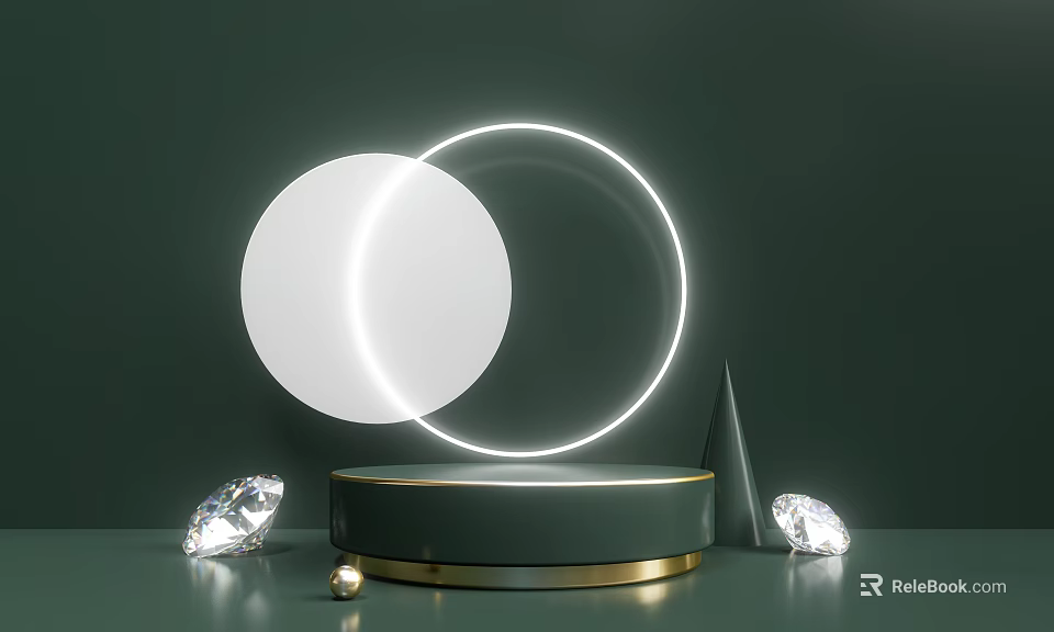 Modern Display Shelf With Luminous Ring And Diamond Decorations On Green Background 3d model 