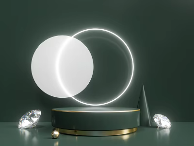 Modern Display Shelf With Luminous Ring And Diamond Decorations On Green Background 3d model