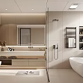 Modern Bathroom Interior Design With Large Mirror Vanity Bathtub And Shower Area