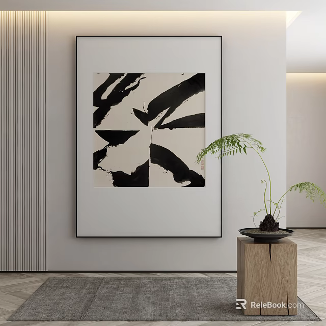 Black And White Abstract Painting Hanging On Wall With Indoor Plant On Wooden Stand 3d model 