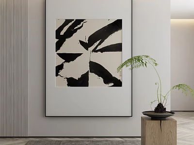 Black And White Abstract Painting Hanging On Wall With Indoor Plant On Wooden Stand 3d model
